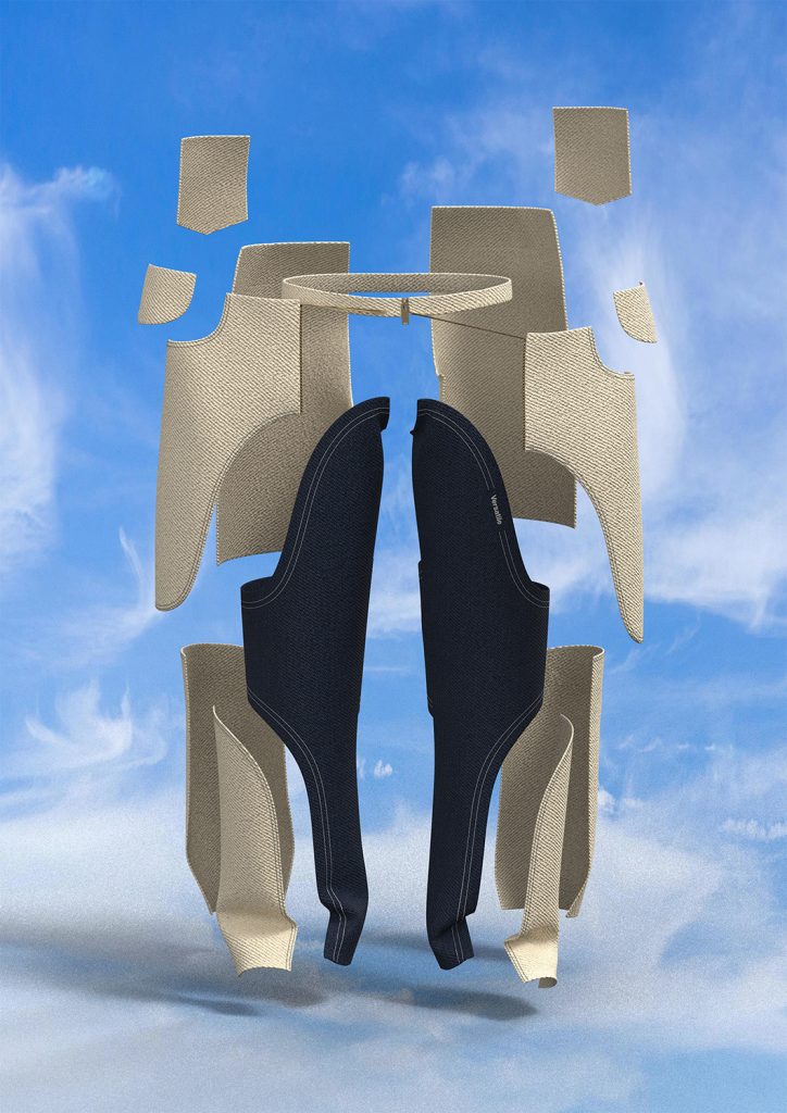 Bildet illustrerer en dekonstruert bukse fremstilt digitalt mot en himmel-bakgrunn. Her ser man alle elementene som til sammen skaper buksen. 